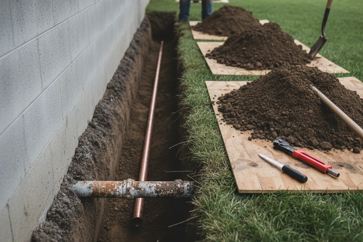 Excavated water line trench during Sewer Line Repair in Safford